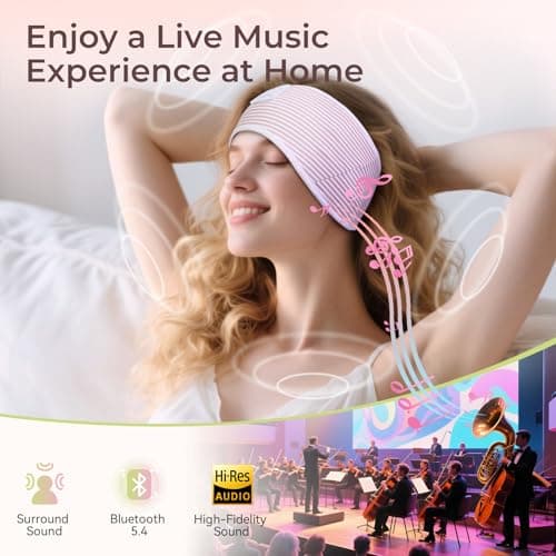 LOVE EYE Sleep Headphones Headband, Soft Skin-Friendly Sleep Mask with Ultra-Thin HD Stereo Bluetooth Speakers, Wireless Music Headband for Sleeping, Travel & Yoga, Pink Striped Design — view 5