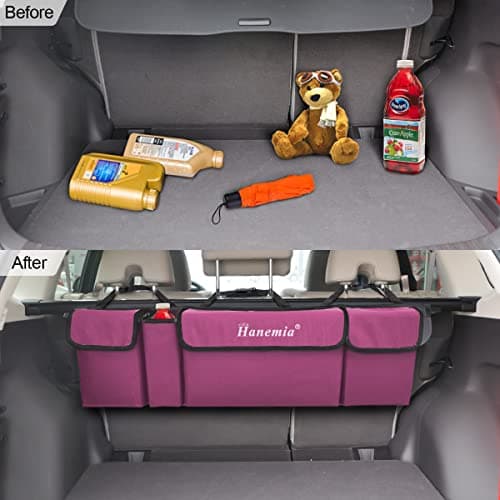 Hanemia Car Trunk Organizer, Backseat Hanging Storage with 4 Large Pockets, Collapsible Cargo Bag with Adjustable Straps Frees Trunk Floor, Sturdy Space Saving Expert for SUV, Truck, Van (Purple) — view 4