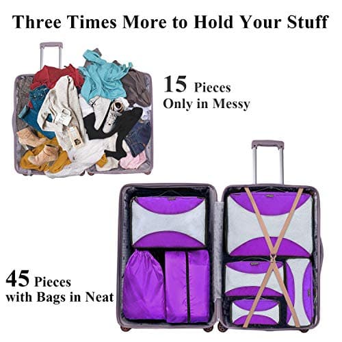 G4Free 3/6/7 Pieces Packing Cubes Organiser for Suitcase, Foldable Clothes Bag, Shoe Bag, Packing Cubes for Clothes, Luggage, Travel Set, Purple, (S+Slim+M+L+XL+Drawstring Bag+Shoes Bag)-7 Pieces — view 6