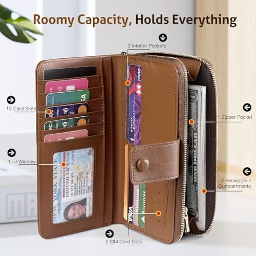 TiMOVO RFID Leather Wallet with Wrist Strap for Women, Beige + Brown — view 4