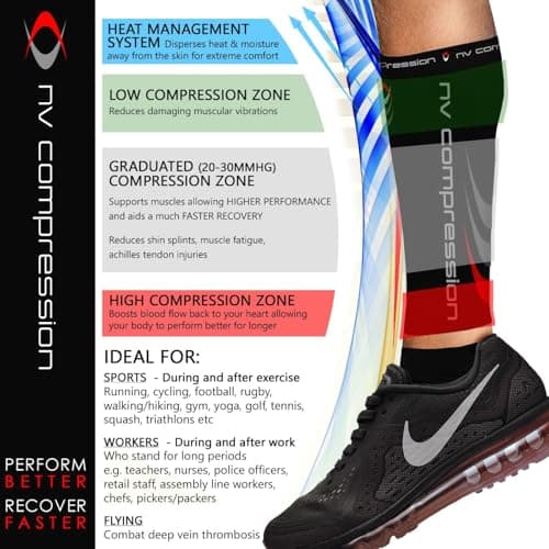 NV Compression 365 Calf Guards/Sleeves SMALL Red/Black (PAIR) 20-30mmHg - For Sports Recovery, Shin Splints, Medical, Work, Flight - Running, Cycling, Gym — view 5