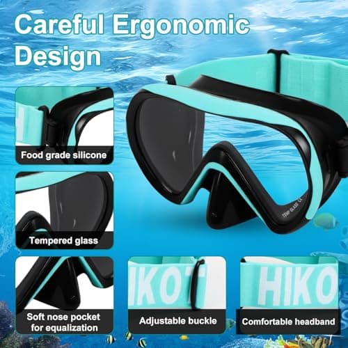 HIKOTEY Snorkel Mask for Kids with Elastic Fabric,180°Panoramic View Diving Mask With Tempered Glass Lenses,Anti-fog,Anti-leak Technology,Swimming Goggles Kids with Nose Cover for Age 4-16 Years(Blue — view 2