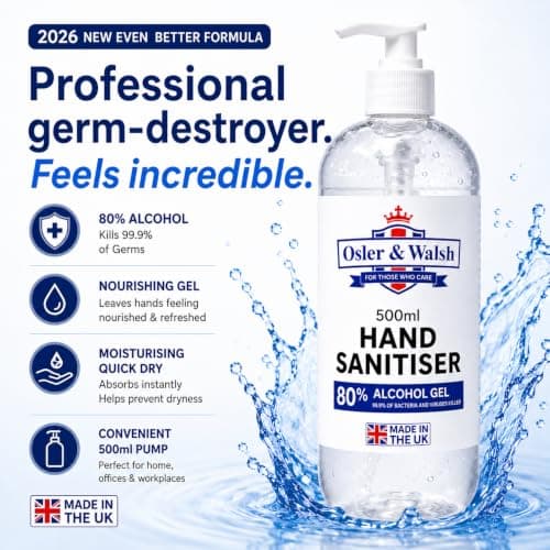 Osler & Walsh 80% HOSPITAL GRADE Alcohol Hand Sanitiser Gel | 500ml Bottle with Pump | NEW EVEN BETTER FORMULA | Also suitable for non-medical environments | Top Quality LUXURY FEEL, with moisturisers — view 2