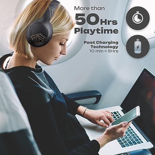 PowerLocus Bluetooth Headphones Over Ear, 50 Hours Playtime, 4 EQ Modes, Foldable Wireless Headphones with Microphone, HiFi Stereo, Lightweight & Wired Mode for Phone/Travel/PC (Black Gold) — view 4