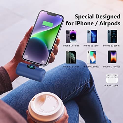 5000mAh Mini Power Bank for iPhone, Upgraded 15W PD Fast Charging Portable Charger, LCD Display 3.0A Small Battery Pack Compatible with iPhone 14/14 Pro Max/13/13 Pro Max/12/11/XR/X/8/7/6 etc-Blue — view 2