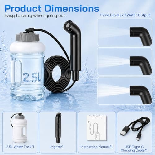 2.5L Electric Portable Bidet,Rechargeable Handheld Sprayer with 3 Speeds,Toilet Spray with 800mAh Battery for Personal Hygiene & Postpartum Care,IPX6 Waterproof,Travel Shattaf for Outdoor Camping — view 2