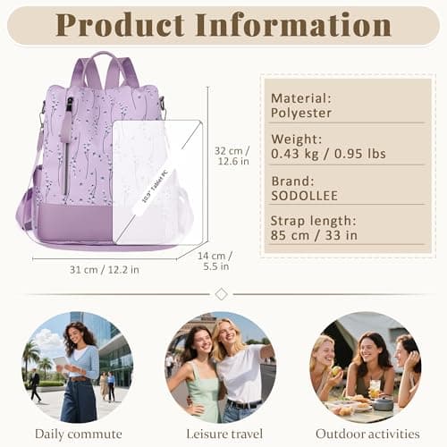 SODOLLEE Backpack Womens Anti Theft – Floral Small Rucksack Bag, Lightweight Water-Resistant Back Pack for Work, Travel & Holiday Lavender — view 6