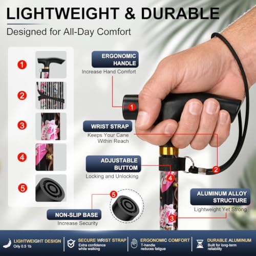 supregear Walking Stick - Adjustable Folding Walking Sticks for Women and Men - Lightweight Portable Collapsible Balancing Aid - Foldable Travel Cane for Ladies Elderly Adults, Black Floral — view 5