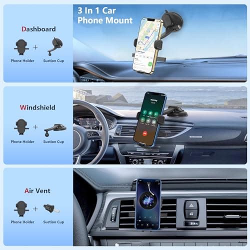 JOEAIS Car Phone Holder, 360°Rotatable Universal Mobile Phone Holder Set of 3 (Holder+Suction cup+Clip), Dashboard/Windscreen/Air Vent Car Phone Mount Fit All 4.7-6.7 inch SmartPhones — view 2