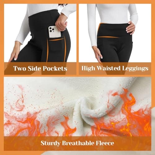 Missluck Fleece Lined Leggings Women UK with Pockets Thermal Leggings Womens High Waisted in Winter(Black,M) — view 2