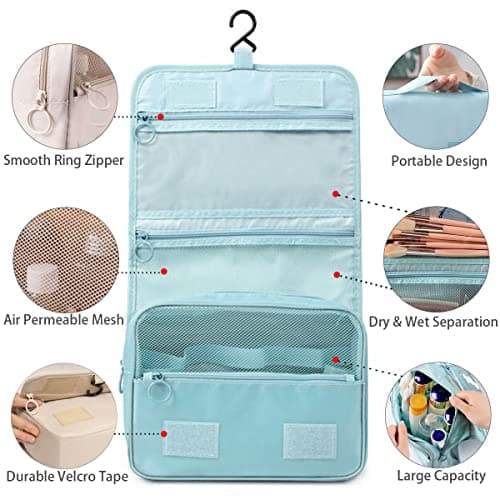 Travel Hanging Toiletry Wash Bag, Veyarien Folding Waterproof Makeup Cosmetic Bags Organizer for Women Ladies Girls (Beige) — view 6