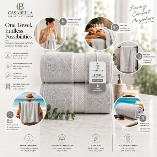 Casabella CB 2 Piece Jumbo Bath sheets 100% Combed Cotton Extra Large Bath Towel bale set super Absorbent Soft Silver 2 Pack 90X180 CM Bath sheets Extra Large Bathroom Set Beach Towel — view 4