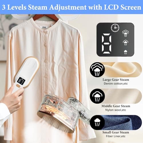 Steam Iron Travel Steamer with LCD Screen, 10S Fast Heat-up 2000W Steamer Clothing with 180° Rotatable Handle, Portable Handheld Clothes Steamer, 3 Steam Levels for Travel, Home, Office (White) — view 3