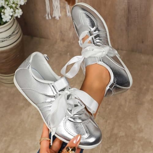 Women Shoe,Ladies Trainers,Fashion Solid Color Low Top Casual Shoes Comfortable Daily Walking For Ladies Breathable Slip On Loafers (Silver, 4.5) — view 2