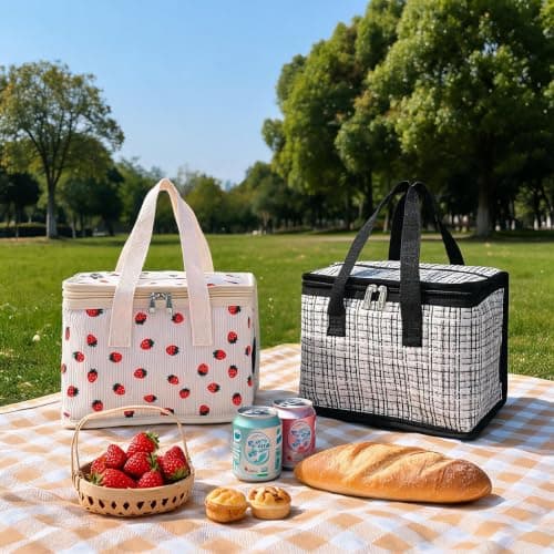 TEAMOOK Foldable Lunch Bag Insulated Lunch Box Water-Resistant Leakproof Soft Cooler Bag 8-10 cans Beige Strawberry — view 6