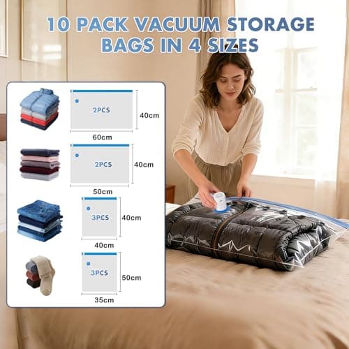 BoxLegend 10 Pack Travel Vacuum Storage Bags for Clothes with 1200mAh USB Electric Pump - Thickened & Waterproof, Fits Suitcases & Backpacks, 2* 60×40+ 2* 50×40 +2* 40×40+ 3* 40x35cm, Save 70% Space — view 6