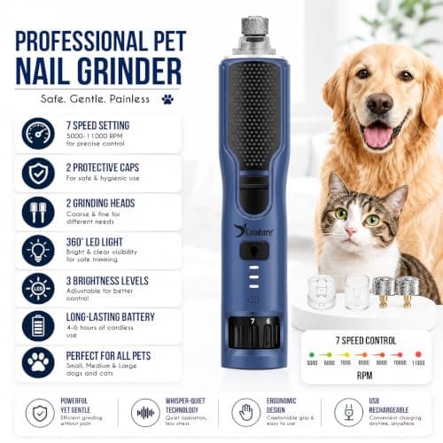 Candure Dog Nail Grinder 7-Speed Whisper Quiet Dog Nail Trimmer for Large, Medium, Small Dogs, Cats & Pets – Silent Type-C Rechargeable Dog Claw Grinder with 360° LED Light & Extra Head (Dark Navy) — view 2