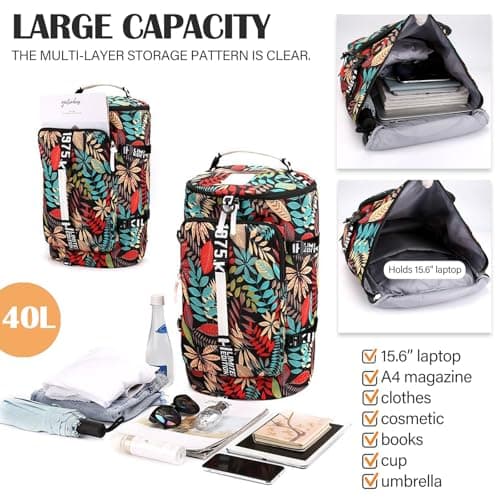 Hiking Backpack, 40L Waterproof Lightweight Rucksack for Women, Floral Duffle Travel Shoulder Bag, Laptop Gym Tote Bag, Durable Unisex Daypack for School Outdoor Sports Walking Camping Climbing — view 4
