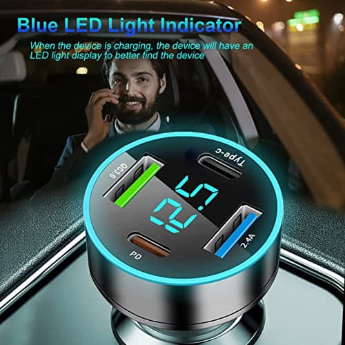 GemCoo 4 Port USB Car Charger Adapter 65W PD & Type-C & QC3.0 Cigarette Lighter USB Charger with LED Voltmeter Fast Charger Compatible with iPhone, Android, Samsung, iPad Pro — view 5
