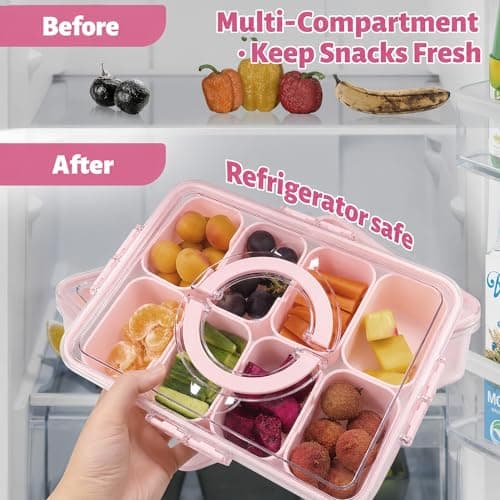 Küchera Pink Snackle Box with Handle, 8 Compartment Divided Snack Tray with Lid, Portable Food Storage Container for Travel, Plane & Picnics, Dishwasher Safe Platter for Sweets, Fruit & Nuts (Pink) — view 5
