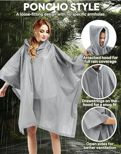 JXJIUA 2 Pack Rain Ponchos for Men/Women Waterproof Reusable Emergency Raincoats with Hoodand Drawstring -Lightweight Ponchos Gray — view 3
