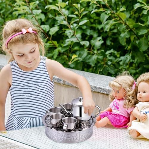 Stainless Steel Tea Set for Kids – Long Spout Teapot, 70ml Cups with Filter Screen, Rustproof Metal Drinkware, Lightweight Serving Tray | Pretend Play Educational Toy for Kindergarten Home Gathering — view 3