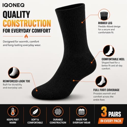 IQONEQ Thick Thermal Winter Socks - Pack of 3 Pairs - Warm, Insulated - For Men, Women and Kids - Adult Size 6-11 UK, Black, One Size — view 4