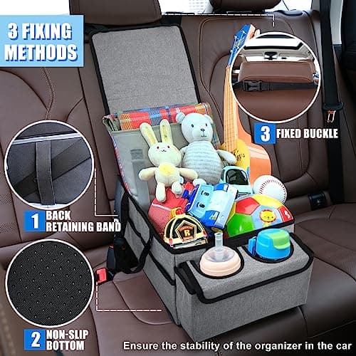 GUWINA Car Backseat Organiser, Multi Compartment Foldable Seat Organiser for Car Boot Front and Back Seats, with Lids and Straps Best for Clothes, Toys, Office Products (Grey) — view 2