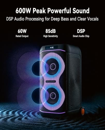 GKDT63 Karaoke Machine with 2 Rechargeable Microphones for Adults, 600W Peak Portable Bluetooth Party Speaker with Built-in Wheels & Pull Handle, TWS Pairing, LED Lights, PA System for Outdoor Parties — view 2
