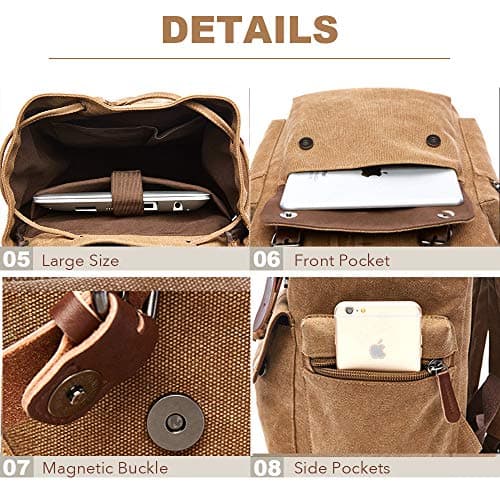 Rufun Canvas Backpack Vintage Rucksack Schoolbag for Laptop Daypack Hiking Travel Large Capacity Bag Unisex (Khaki) — view 4