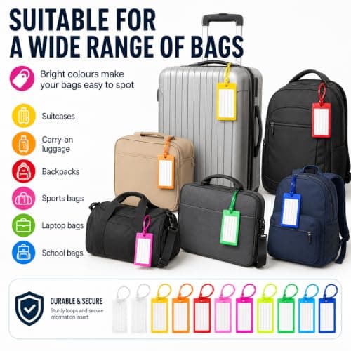 Luggage Tags 10 Pack, Flexible Travel Bag Tags with ID Name Cards and Secure Straps, Colourful Baggage Labels for Suitcase Backpack Hand Luggage Backpacks 10 Colors (10pcs) — view 5