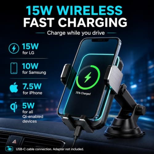Car Phone Holder Wireless Charger, 15W Fast Charging Auto Clamping Car Charger Phone Mount Holder fit for Dash Windshield for iPhone 17 16 15 14 13 12 11 Pro Max, Galaxy S24+ and more — view 2