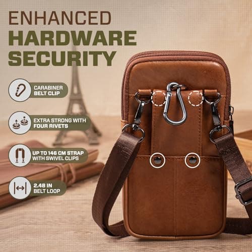 Hengwin Multifunctional Genuine Leather Double Zip Bags Men Vintage Look Shoulder Bag Mobile Phone Belt Bag Phone Holster for Travel, Outdoor Activities (Brown) — view 5