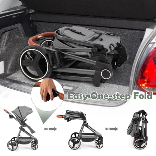 COSTWAY Baby Pushchair, Foldable Travel System Pram with Reversible Seat, Adjustable Canopy & Backrest, Storage Basket, Cup Holder, Aluminum Structure Stroller for 0-36 Months (Grey) — view 5