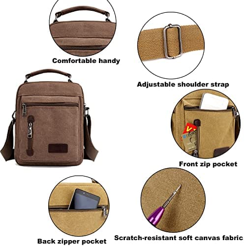 A-QMZL Mens Shoulder Bag Canvas Messenger Bags Travel Crossbody Bag Large Capacity Casual Handbag with Multiple Pockets for Working Shopping Hiking Daily Use (Brown) — view 6