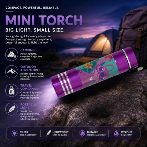 SRV Hub 8.7cm Disney Stitch Aluminium 9 LED Torch, Purple Mini Flashlight with Wrist Strap, Compact Pocket Light for Kids, Camping, Travel, School, Sleepovers, Outdoor Adventures and Gifts — view 5