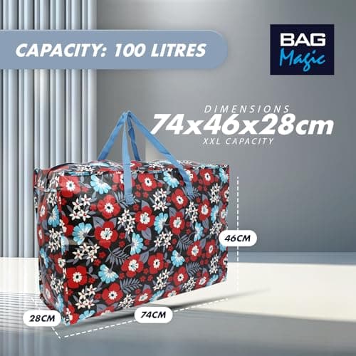 Extra-Large 100L Storage & Shopping Bag – Heavy-Duty PVC Zip Holdall for Laundry, Moving, Travel & Home Organisation - Red Flower — view 4