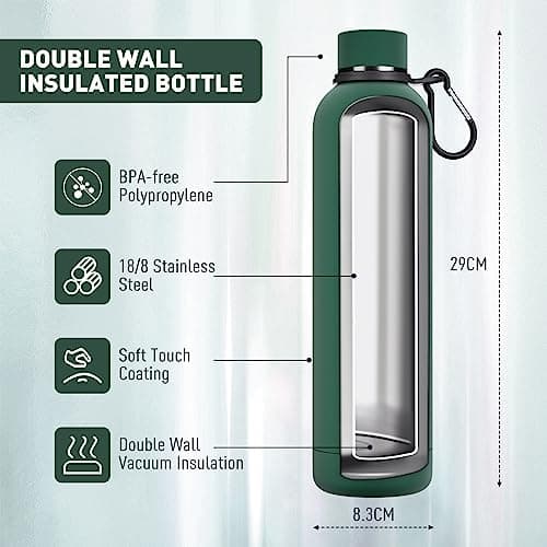 Exllena Insulated Water Bottles 1L with Water Bottle Buckle, Double Wall Stainless Steel Water Bottles 12 Hrs Hot/24 Hrs Cold, BPA Free for Gym, Camping, Hiking (Emerald Green) — view 2