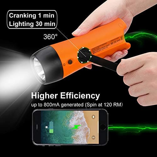 Emergency Hand Crank Flashlight & Phone Charger, Wind-Up Dynamo Torch, USB Power Bank, LED Camping Lantern for Hiking, Survival Kit, Holiday Gift(Orange) — view 2
