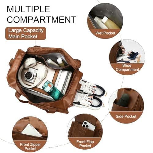seyfocnia PU Leather Travel Bag with Shoe Pouch, Small Carry On Weekender Overnight Bag Waterproof Travel Duffel Bags Gym Bags for Men or Women, Brown — view 3