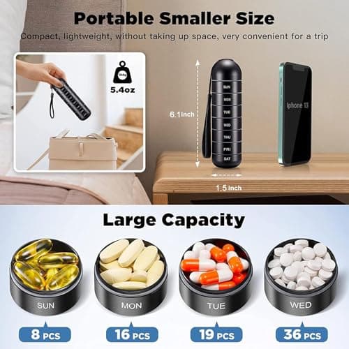 Metal Pill Organizer Weekly,Stackable Waterproof Travel Pill Box,Travel Hiking 7 Day Pill Box Case,Date Display,Large Compartment to Hold Pills, Vitamins,Fish Oil, Supplements (Black) — view 3