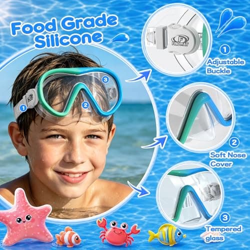 Findway Kids Snorkel Mask, 180° Panoramic Wide View Swimming Goggles, Anti Leak Anti Fog Children Diving Mask with Nose Cover, Swim Goggles for Age 4-16, Two-Tone Frame — view 3