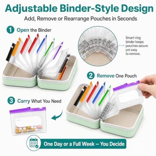 A8 Waterproof Pill Organiser Set with 14 Colour-Coded Pill Pouches, 7–14 Day Travel Medicine Organiser, Weekly Tablet Organizer Case with Reusable Binder Design for Vitamins, Supplements, Daily Use — view 4