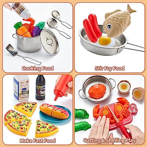 Pretend Play Accessories - 52pc Kids Kitchen Playset with Play Food, Stainless Steel Cookware, Toys Pots and Pans, Toddler Kitchen Set with Cuttable Toy Food - Boys and Girls Gift — view 3
