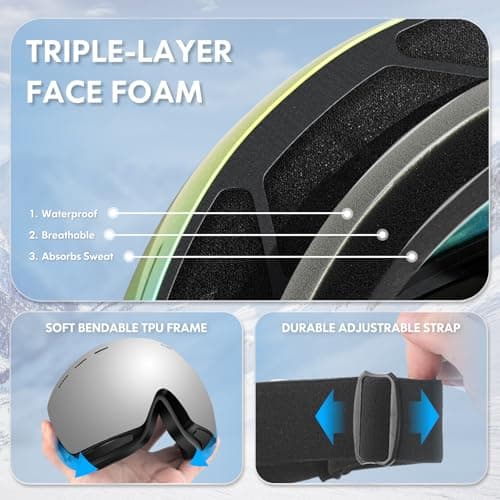 DADA-PRO Ski Goggles Mens Women Skiing Goggles Adults Over Glasses OTG Anti Fog Frameless For Snowboard Jet Snow 100% UV Protection Helmet Compatible (Silver) — view 5