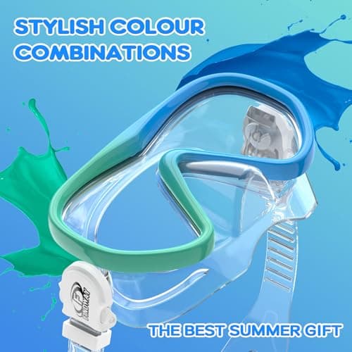 Findway Kids Snorkel Mask, 180° Panoramic Wide View Swimming Goggles, Anti Leak Anti Fog Children Diving Mask with Nose Cover, Swim Goggles for Age 4-16, Two-Tone Frame — view 4