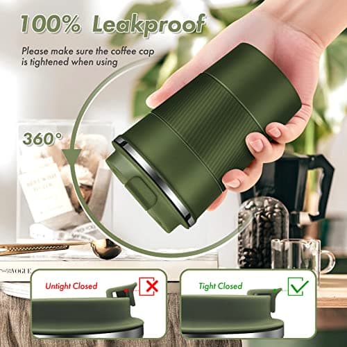 EALLEN Travel Mug with Leakproof Lid,Insulated Reusable Coffee Mug for Hot&Cold Drinks/Tea,Portable Stainless Steel Thermal Takeaway Travel Coffee Cup for Car//Picnic/Office/School (Green), (CM03RD) — view 5