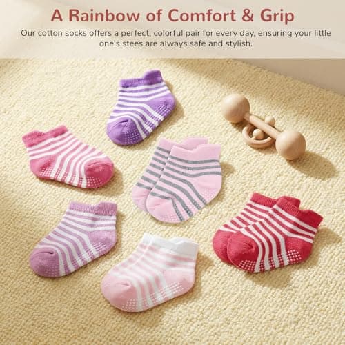 Admygo 6 Pairs Striped Toddler Grip Socks Size M for Girls 1-3 Years, Soft Cotton Baby Anti-Slip Walking Socks, Breathable Non-Slip Slipper Socks for Active Infants — view 4