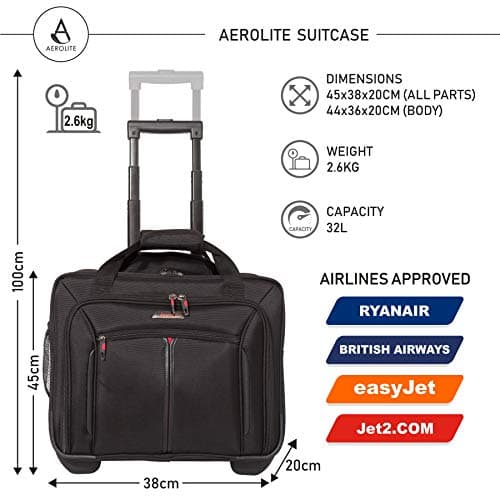 Aerolite Premium Padded Business Laptop Roller Case with 2 Wheels Approved for Ryanair Priority Boarding, Easyjet Plus, BA and More Airlines. Fits up to 15.6 Inch Laptops (Black) — view 2
