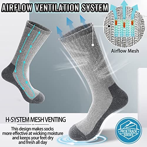 PROETRADE Mens Womens Merino Wool Thermal Socks Walking Thick Warm Hiking Cushioned Work Boot Winter Stocking Fillers for Men Women Gift Socks 4 Pairs(Grey,L) — view 3